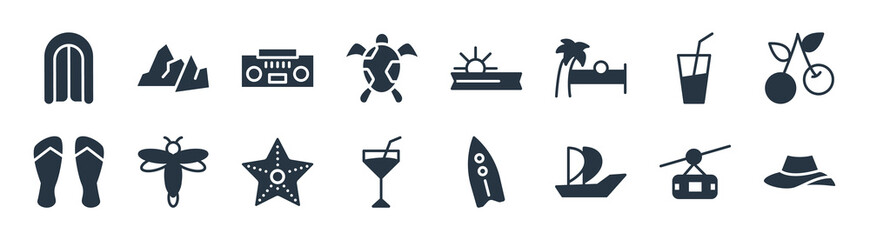 summer filled icons. glyph vector icons such as pamela, yatch boat, refreshing cold drink, pair of flip flops, lime juice, cassette, summer sale, mountains sign isolated on white background.