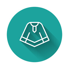 White line Traditional mexican poncho clothing icon isolated with long shadow background. Green circle button. Vector