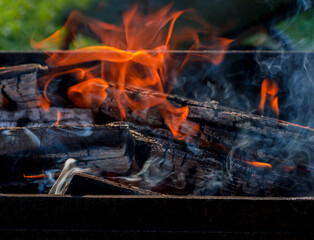 Open fire, smoke, flame of burning firewood in the grill. Hot coals for kebab in nature