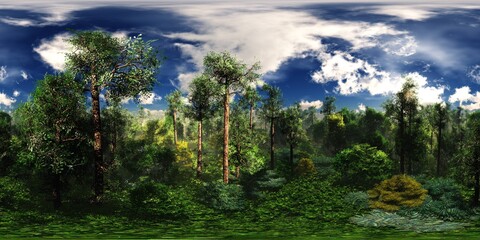 Forest under the sky with clouds,, environment map , Round panorama, spherical panorama, equidistant projection, panorama 360, 3d rendering