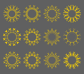 Stylized yellow sun flat icons set isolated on grey. Design decorative elements for logotype sunrise, sunset. Graphic symbol different shapes collection. Jpeg illustration