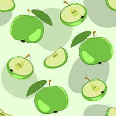 Seamless pattern with green apples. Vector fruits and abstract shapes.