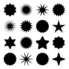 Obraz premium Retro stars, sunburst symbols. Vintage sunbeam icons. Black shopping labels, sale or discount sticker, quality mark. Special offer price tag, promotional badge. Vector illustration.
