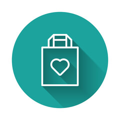 White line Shopping bag with heart icon isolated with long shadow background. Shopping bag shop love like heart icon. Valentines day symbol. Green circle button. Vector