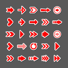 Colorful arrow stickers set. Red cursor icons, pointers collection. Simple arrows in different shapes. Next, back web signs. Vector illustration.