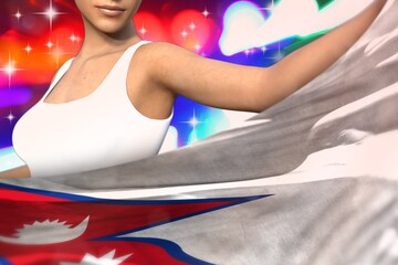 beautiful girl holds Nepal flag in front on the party lights - flag concept 3d illustration