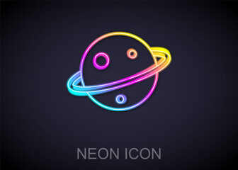 Glowing neon line Planet Saturn with planetary ring system icon isolated on black background. Vector