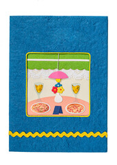 old blue greeting card on white background