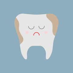 Sad tooth character with caries. Idea of dental care. 