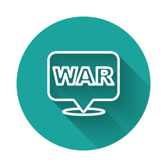 White line The word war icon isolated with long shadow background. International military conflict. Army. Armament. Nuclear weapon. Template for text. Green circle button. Vector