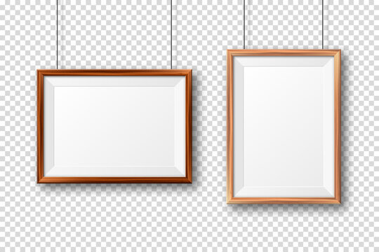 Realistic wooden picture frames with shadow on checkered background. Hanging on a wall blank poster mockup. Empty photo frame. Vector illustration.