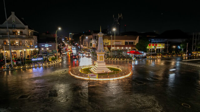 Aerial view of the tugu jogja or known as tugu pal is the iconic landmark of Yogyakarta. Central Java, Indonesia, July 1, 2021