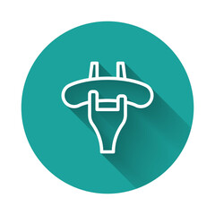 White line Sausage on the fork icon isolated with long shadow background. Grilled sausage and aroma sign. Green circle button. Vector