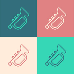 Pop art line Musical instrument trumpet icon isolated on color background. Vector