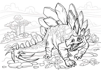 Stegosaurus. Dinosaur coloring page for children and adults, hand drawn illustration. A4 size. Design for wallpapers, packaging, postcards and posters. Black and white. Wild nature.