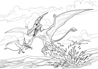 Pterodactyl. Dinosaur coloring page for children and adults, hand drawn illustration. A4 size. Design for wallpapers, packaging, postcards and posters. Black and white. Wild nature