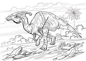 Parasaurolophus. Dinosaur coloring page for children and adults, hand drawn illustration. A4 size. Design for wallpapers, packaging, postcards and posters. Black and white. Wild nature