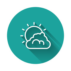 White line Sun and cloud weather icon isolated with long shadow background. Green circle button. Vector
