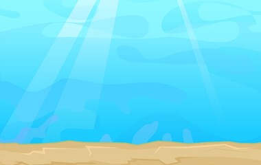 Sandy bottom of the reservoir. Blue transparent clear water. Sea ocean. Underwater landscape. Illustration in cartoon style. Flat design. Vector art