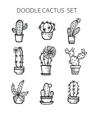 Hand drawn doodle vector cactus set isolated on white background. Cute home plants.