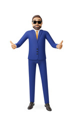 A guy, a businessman in a suit with black glasses, stands in full growth, shows the class with both hands. 3D rendering
