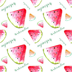 Pattern with slices of watermelon on a white background and writing about summer