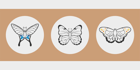 A set of three aesthetic circular posters. Different butterflies drawn with charcoal. Patterns on the wings. Cute insects for stories, social media profile avatars. Thin black outlines, bright spots.
