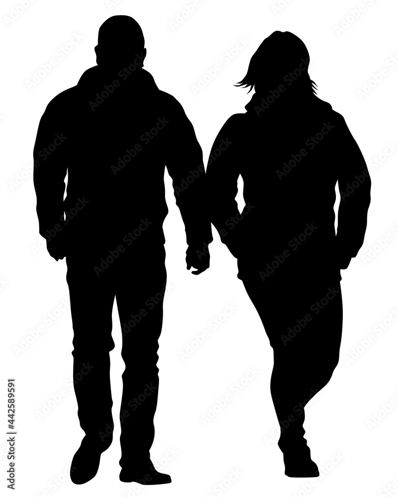 Canvas Prints Young man and woman walking at street. Isolated silhouette on a white background