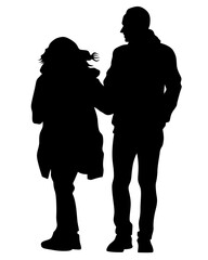 Young man and woman walking at street. Isolated silhouette on a white background