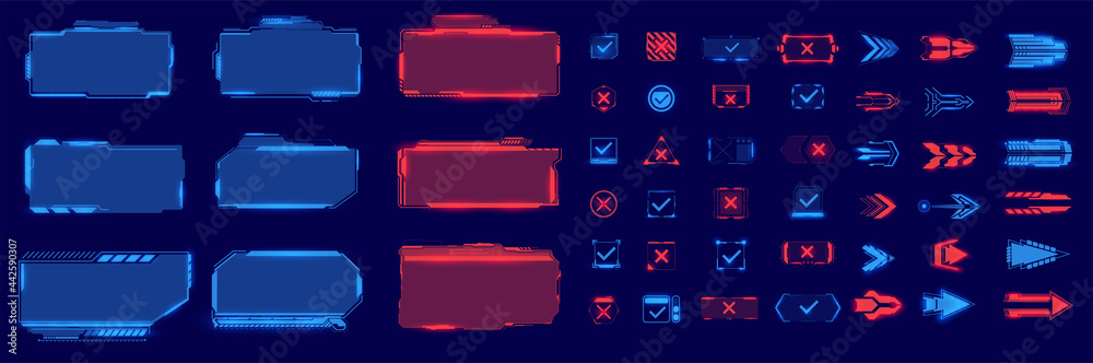Fototapete A large futuristic set of frames, arrows, footnotes, buttons in blue and red on an isolated background. The elements are well suited for games and applications. Sci-fi futuristic hud technology screen