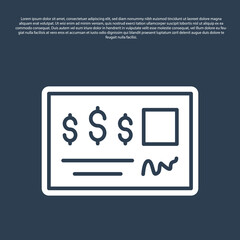 Blue line Blank template of the bank check and pen icon isolated on blue background. Checkbook cheque page with empty fields to fill. Vector