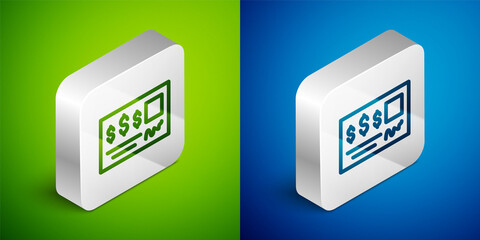 Isometric line Blank template of the bank check and pen icon isolated on green and blue background. Checkbook cheque page with empty fields to fill. Silver square button. Vector