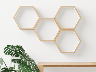 wooden Hexagon shelf copy space for mock up ,isolated background - 3d rendering -