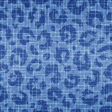 Seamless pattern skin leopard, cheetah or panther. Animal print. Fashion style. Fade effect. Repeated abstract indigo pattern. Repeating blue background. Woven jeans texture for design prints. Vector
