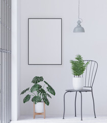 Fototapeta premium Living room on the white wall background, tree and chair, minimal style ,frame form mock up - 3D rendering -