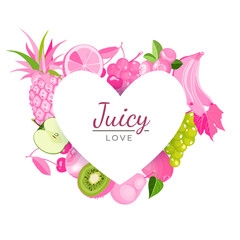Pink fruits heart frame with text Juicy love. Creative poster with exotic organic fruits whole and cut into slices for Valentines day, wedding, kids, banner, T-short print. Vector illustration.