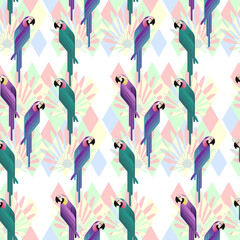 Abstract jungle! Seamless pattern Vector decorative illustration of a tropical parrot. Hand drawn art for poster, postcard, fabric, packaging, templates. EPS10