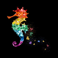 Rainbow colors glittering seahorse with hearts. Beautiful colorful silhouettes on black background for Valentines day, wedding, kids, branding, label, banner, or LGBT symbol. Vector illustration. © Елена Рябцева