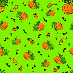 Colorful hand drawn seamless pattern with pumpkins.