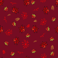 Colorful hand drawn seamless pattern of fiowers and curls