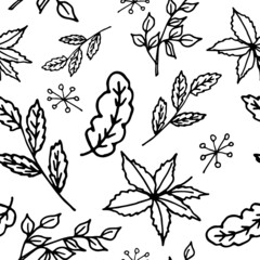 Black and white hand drawn seamless pattern with leaves.