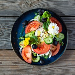 Appetizing salad with feta cheese, fresh vegetables (tomatoes, cucumbers, onions), crispy lettuce, microgreens and violet flowers.  Greek salad on a wooden background. Food with flowers