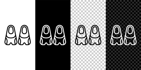 Set line Rubber flippers for swimming icon isolated on black and white, transparent background. Diving equipment. Extreme sport. Diving underwater equipment. Vector © vector_v
