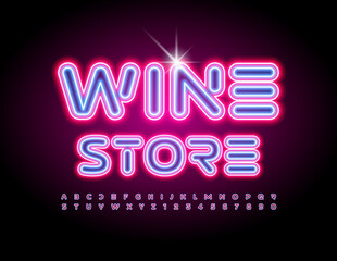 Vector neon logo Wine Store. Bright abstract Alphabet Letters and Numbers set. Modern techno Font
