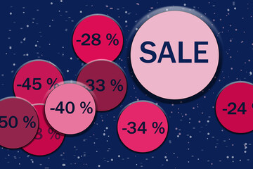 Naklejka premium A web banner with circles of various sizes and colors. On the largest circle there is an inscription discount, on the rest the numbers 40, 50, 23, 45,33. A banner for the design of an article, website