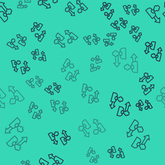 Black line Substitution football player icon isolated seamless pattern on green background. Players exchange in association soccer. Vector