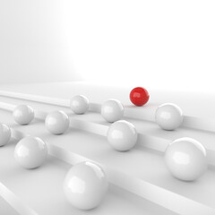 Leadership concept, red leader ball, standing out from the crowd of white balls. 3D Rendering