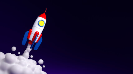 Rocked start 3d illustration - banner template. Startup toy rocket launch - poster template.