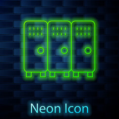 Glowing neon line Locker or changing room for hockey, football, basketball team or workers icon isolated on brick wall background. Vector