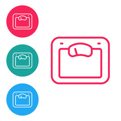 Red line Bathroom scales icon isolated on white background. Weight measure Equipment. Weight Scale fitness sport concept. Set icons in circle buttons. Vector